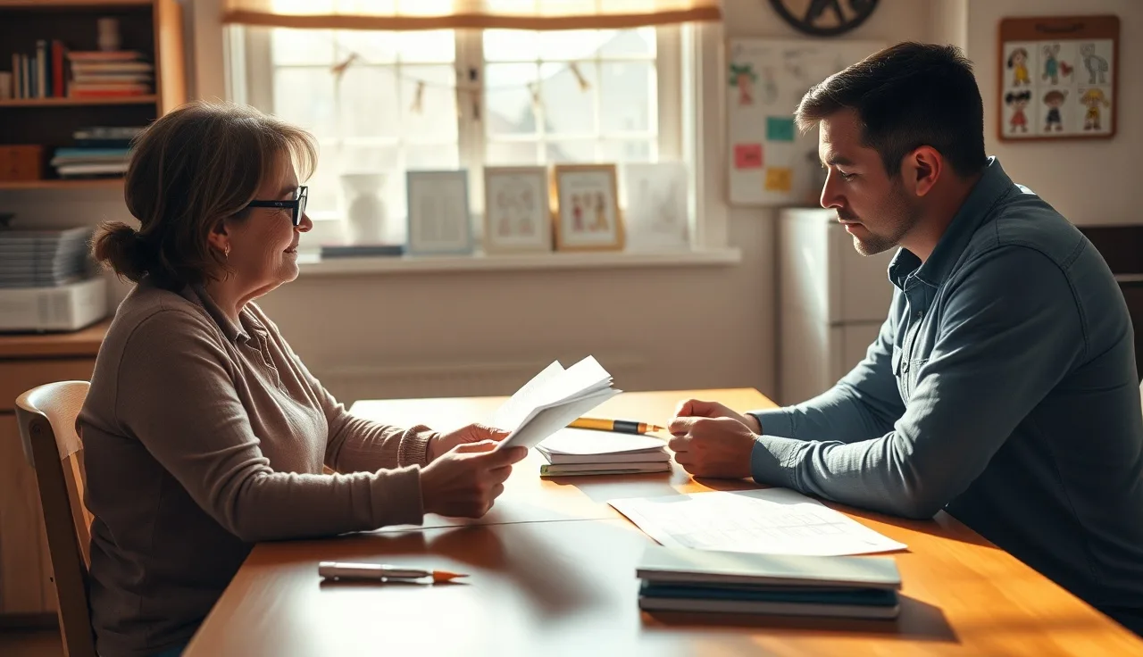 Daycare provider and parent reviewing enrollment forms at a kitchen table