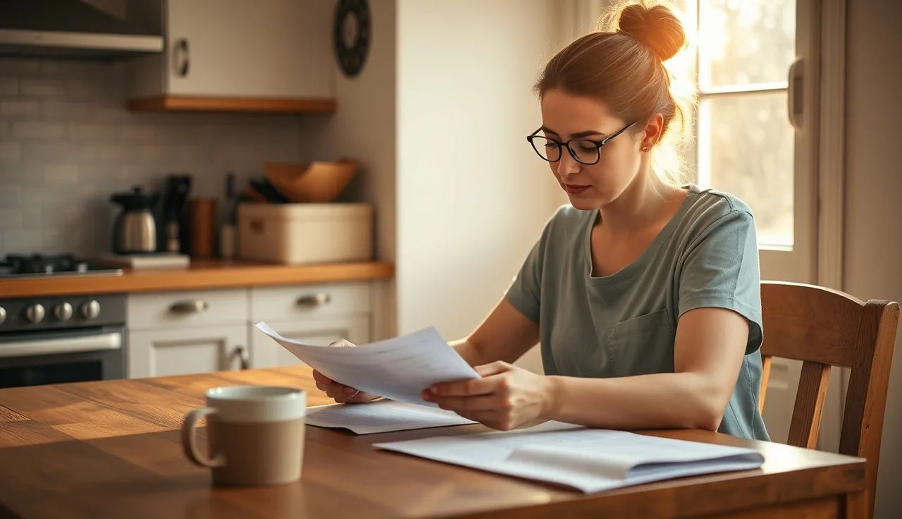 Childcare provider reviewing daycare contract documents at a kitchen table in morning light