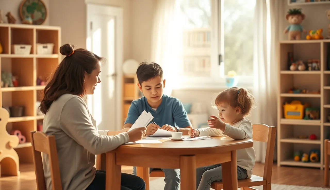 Provider and parent reviewing daycare enrollment paperwork at a table in a home daycare