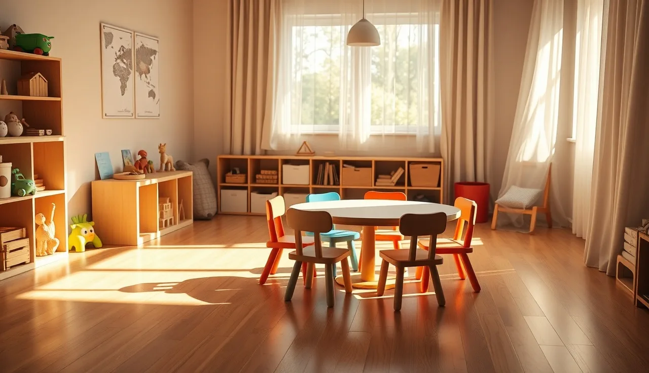 Sunny home daycare playroom with wooden toys, small chairs, and morning light