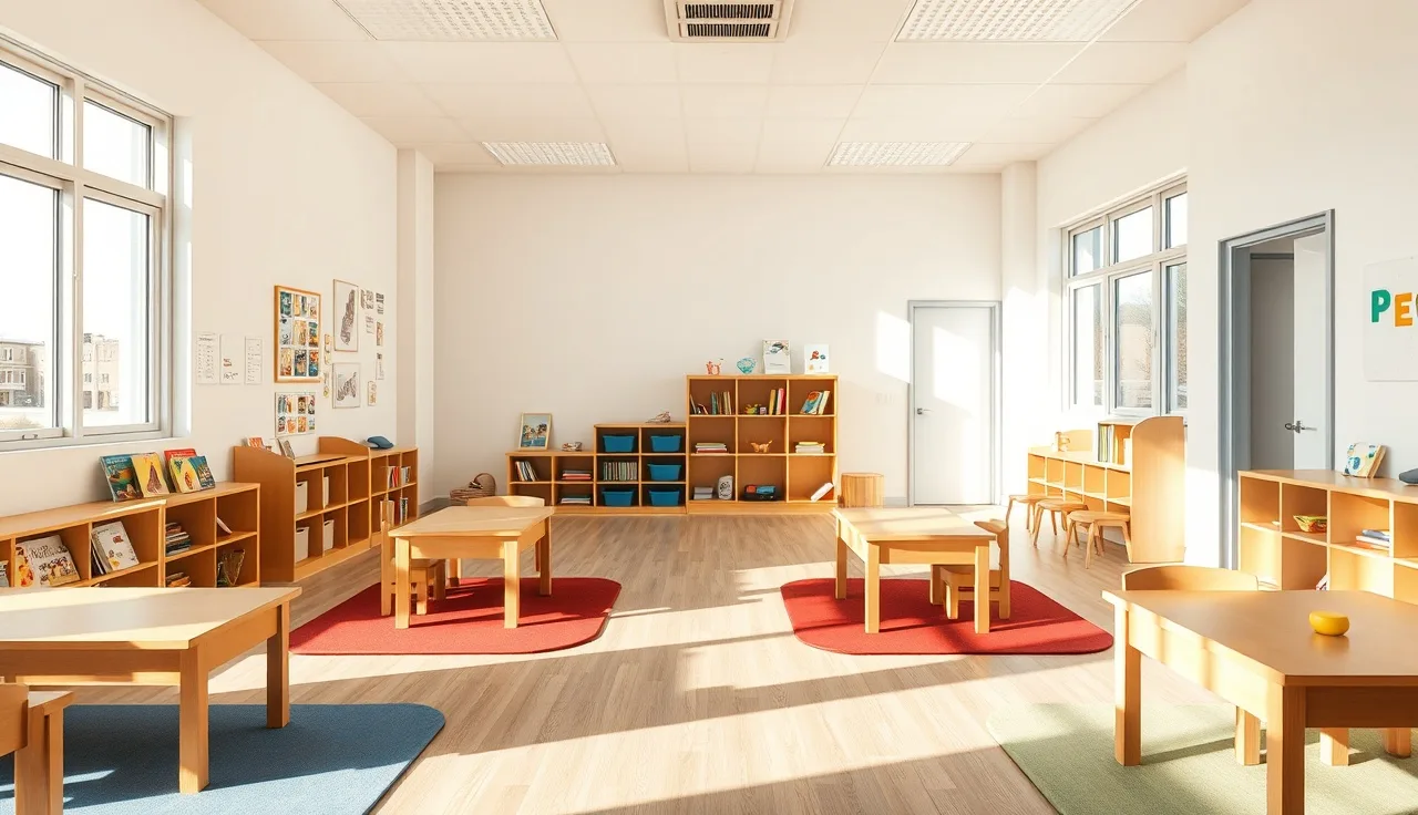Sunlit empty daycare classroom with wooden tables and colorful floor mats