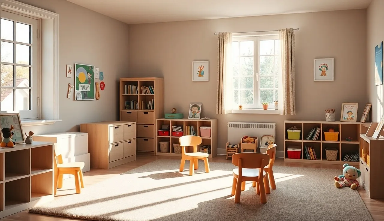 Organized home daycare playroom with small chairs and cubbies, no children present