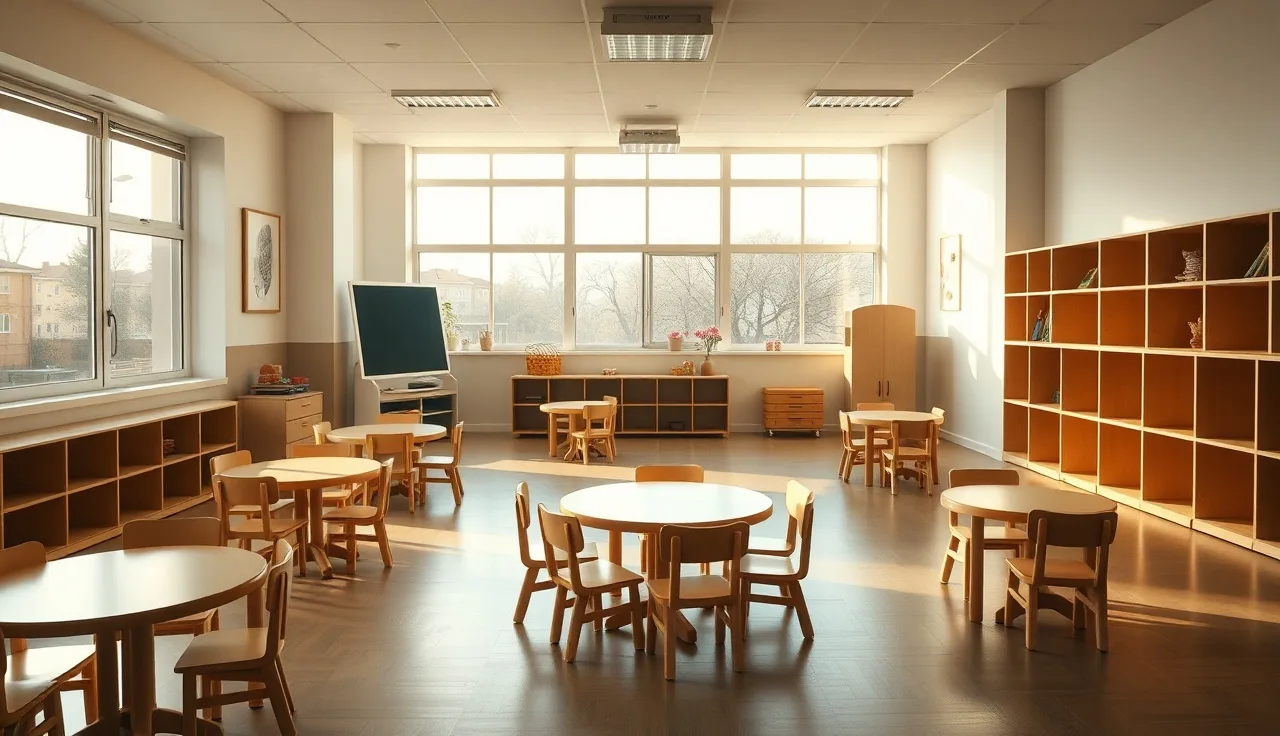 Empty preschool classroom with small chairs and cubbies, representing daycare liability coverage