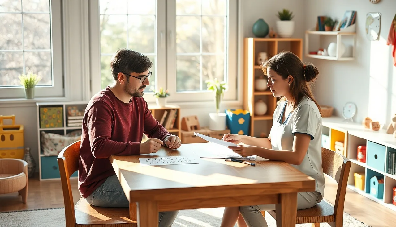 Parent and home daycare provider reviewing a payment contract at a small table