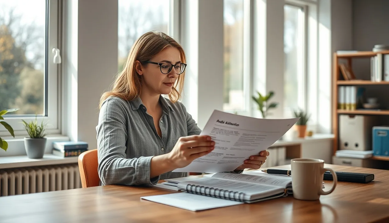 Childcare administrator reviewing fee schedule documents at a sunlit desk