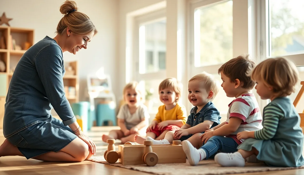 Childcare provider playing with toddlers on a sunny indoor floor mat
