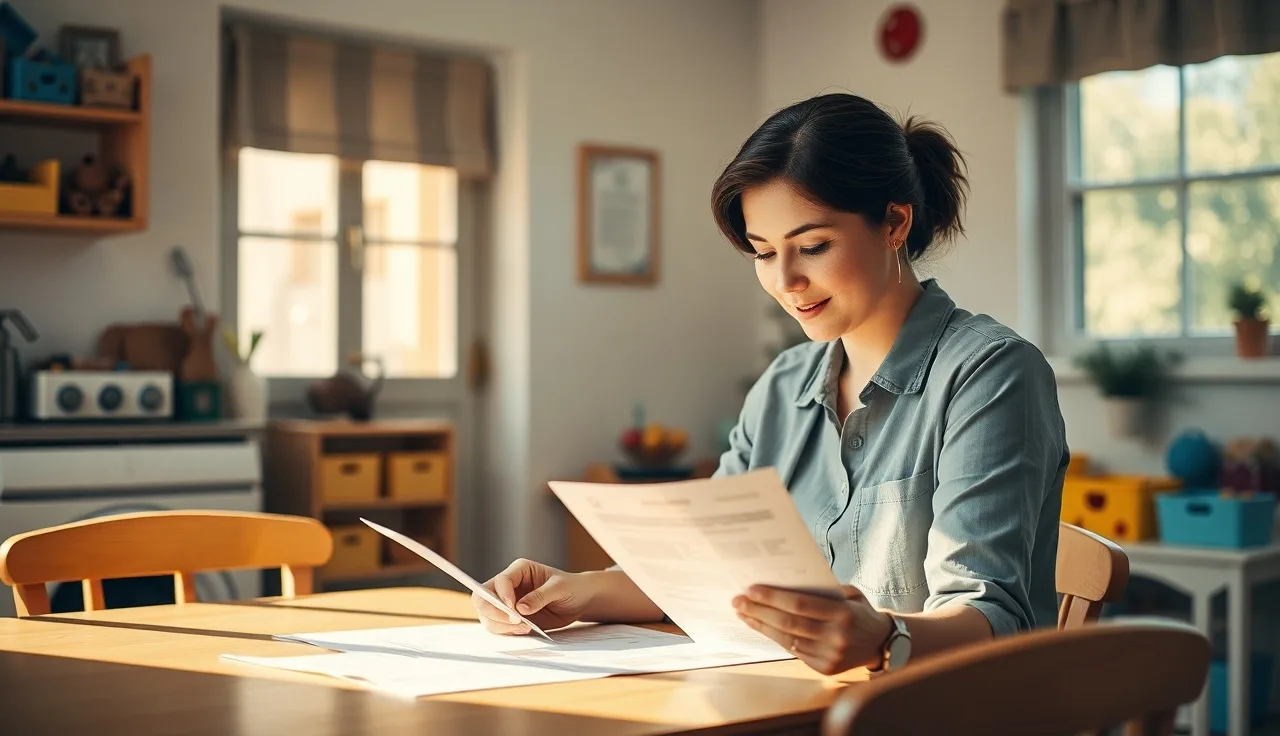 Home daycare provider reviewing subsidy paperwork with a credential certificate on the wall