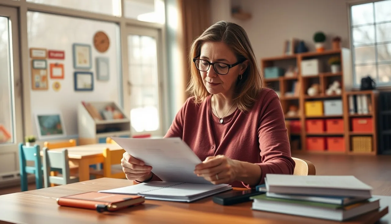 Daycare owner reviewing enrollment records at her office desk