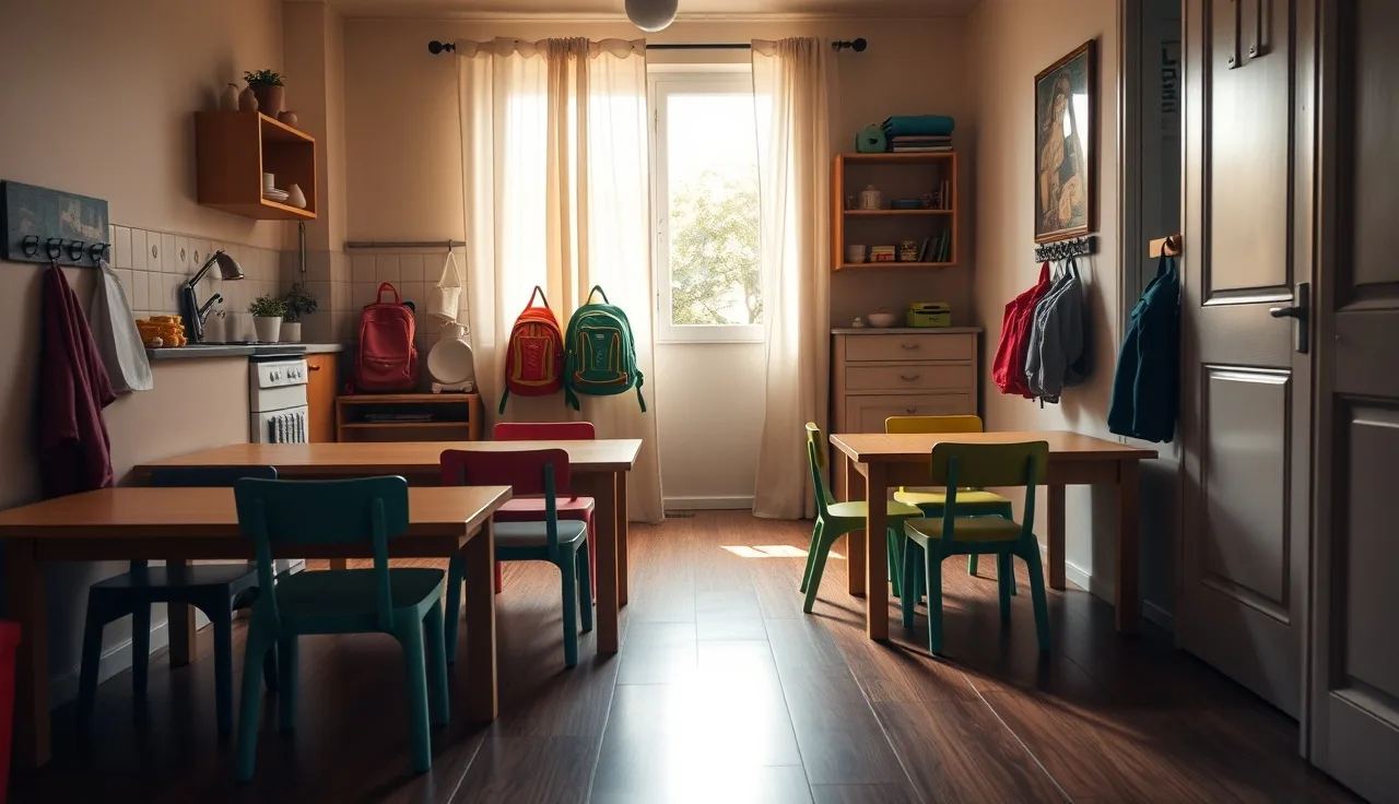 Home daycare kitchen play area with small wooden tables and morning light