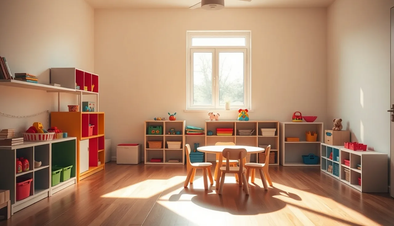 Empty licensed home daycare playroom with toy shelves and small table in morning light