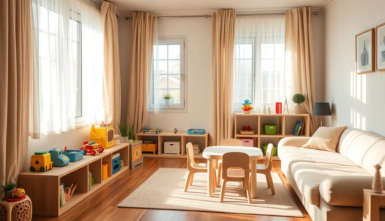 Home daycare living room with toy shelves and small table in morning light