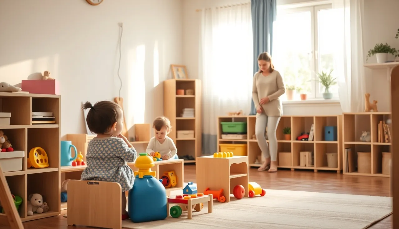 Toddlers playing in organized home daycare playroom with caregiver nearby