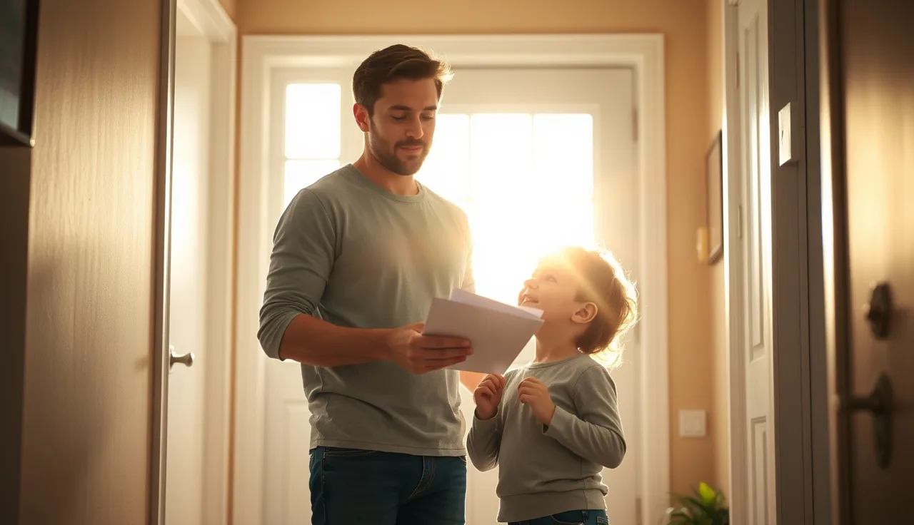 Parent holding cancellation paperwork while young child looks up in home entryway
