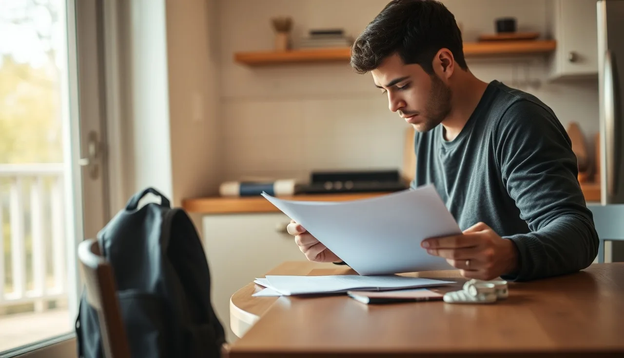 Parent reviewing a childcare contract at a kitchen table with a child's backpack nearby