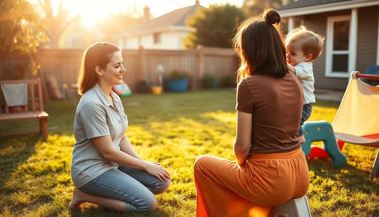 Childcare provider talking with a parent and toddler in a sunny backyard play area