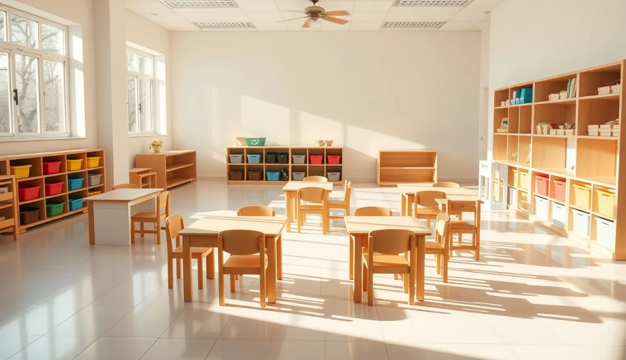 Empty childcare classroom with small wooden tables and natural morning light