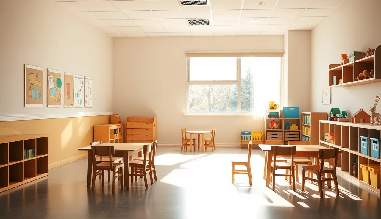 Empty licensed daycare classroom with small chairs and toys ready for children