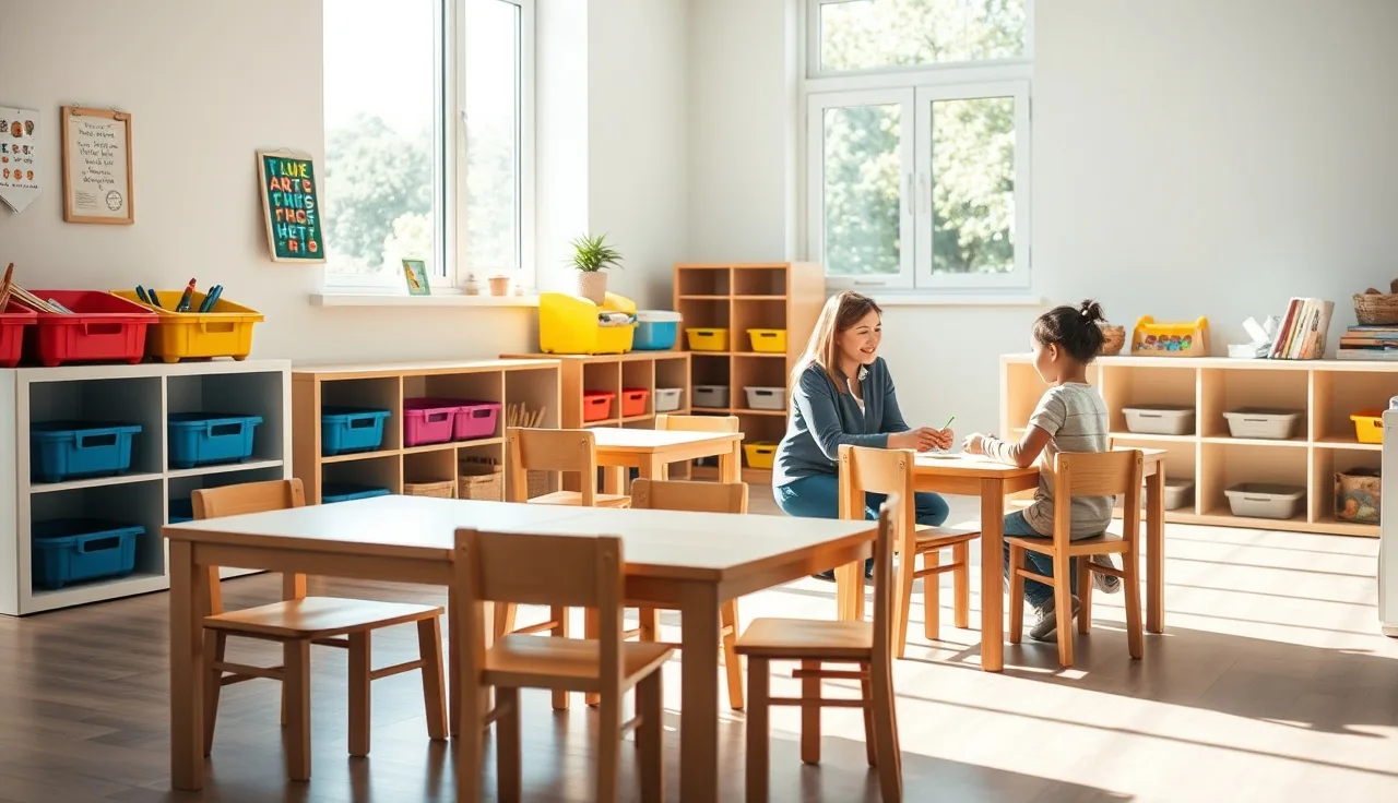 Caregiver greeting a toddler in a sunlit daycare classroom with wooden furniture