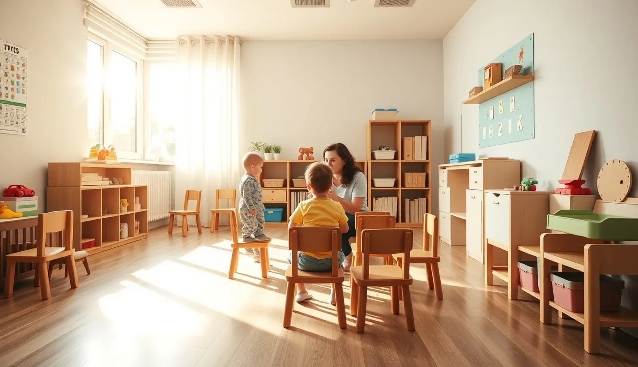 Teacher and toddlers in a sunny childcare classroom with wooden furniture