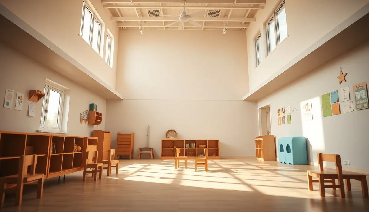 Empty licensed childcare room with cubbies and small chairs ready for drop-in care