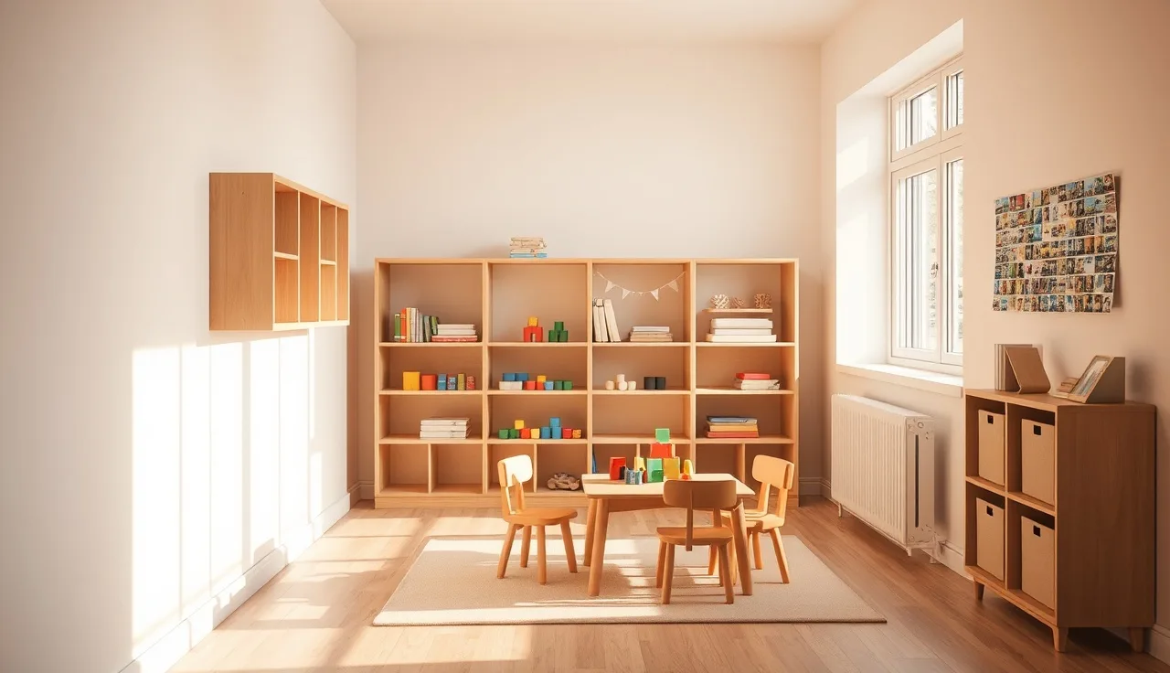 Sunlit early childhood classroom with small wooden chairs and building blocks on a low table