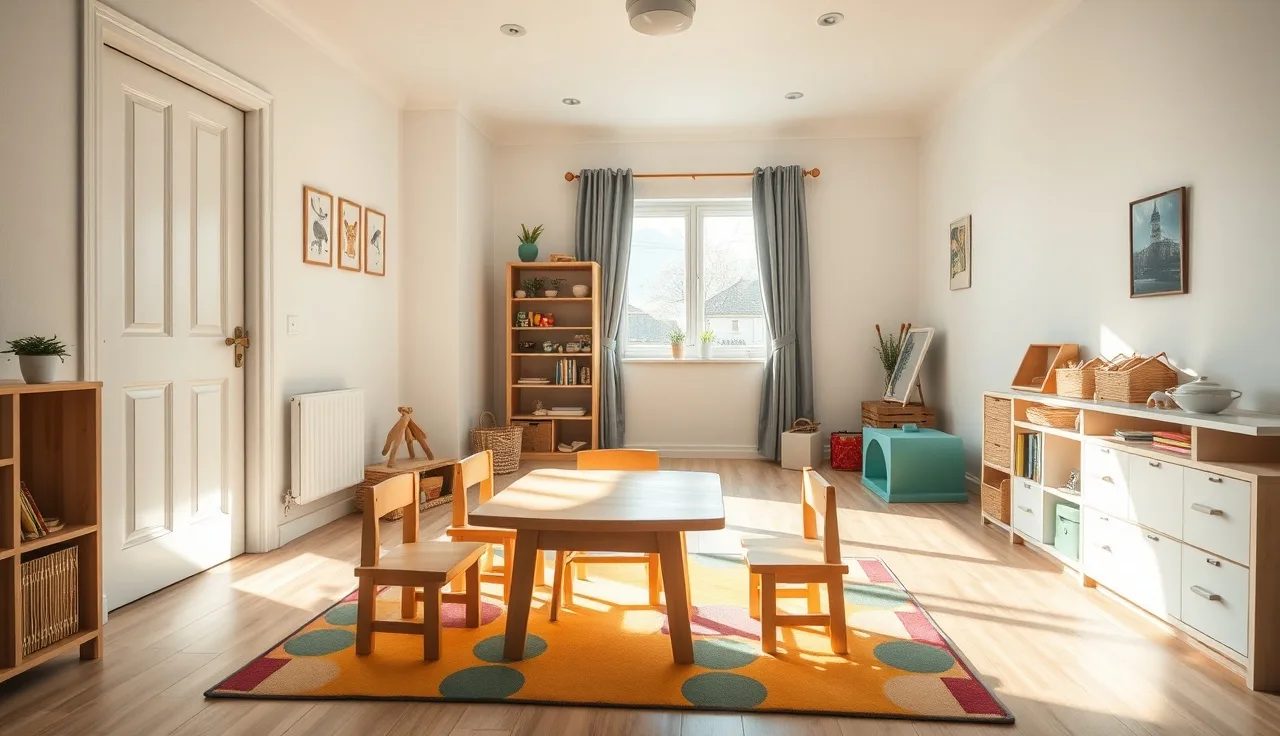 Empty sunlit playroom in a home daycare with small wooden chairs and colorful mat