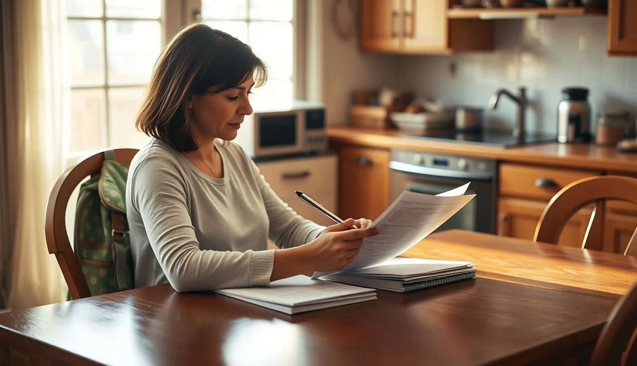 Daycare provider reviewing a printed contract at a kitchen table