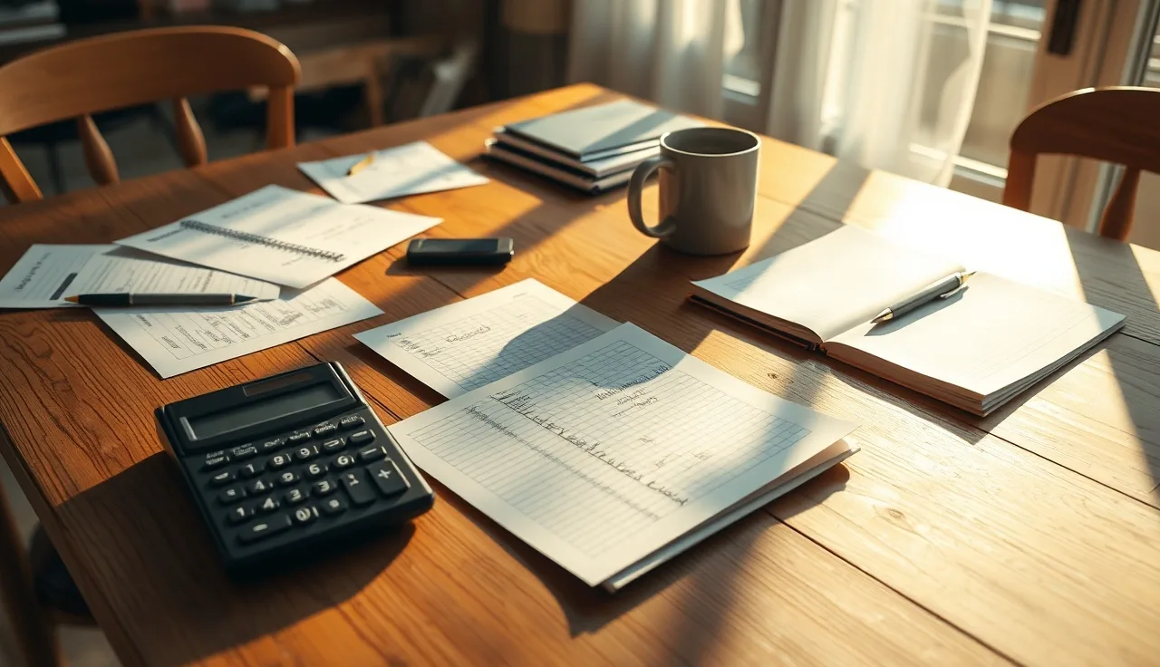 Home daycare provider's kitchen table with tax worksheet papers and calculator