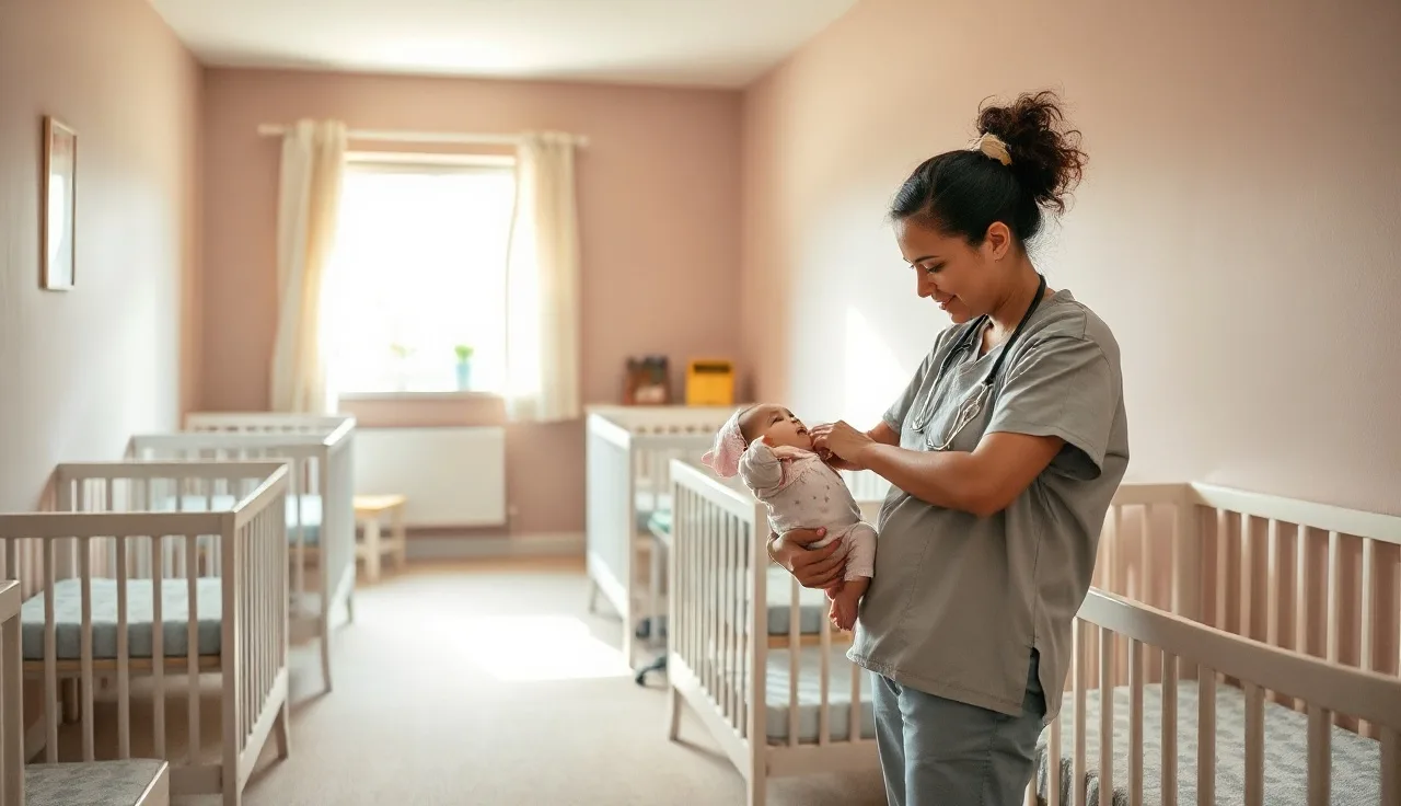 Caregiver holding an infant in a sunlit daycare infant room with cribs