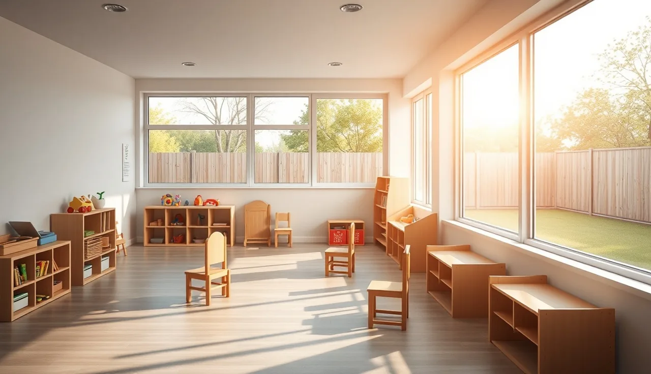 Sunlit empty childcare playroom with small chairs and outdoor play yard visible through windows