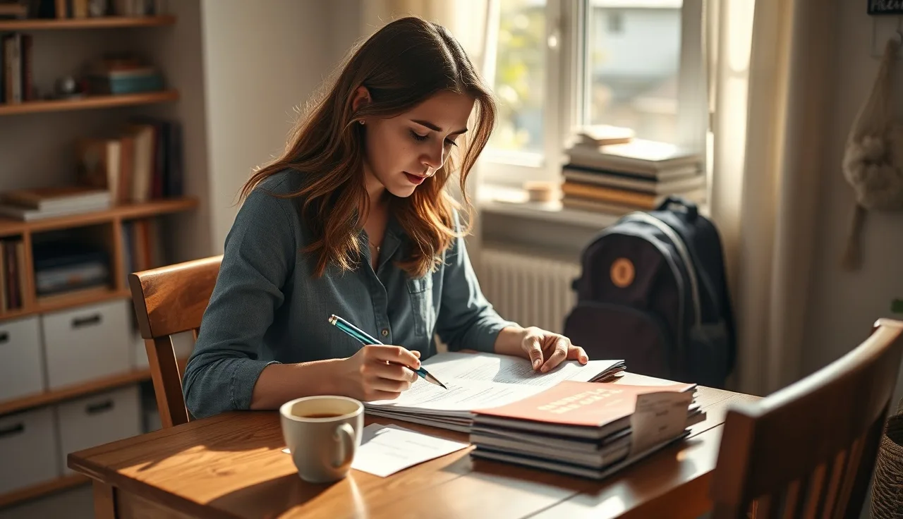Childcare provider reviewing a part time daycare contract at a home office desk