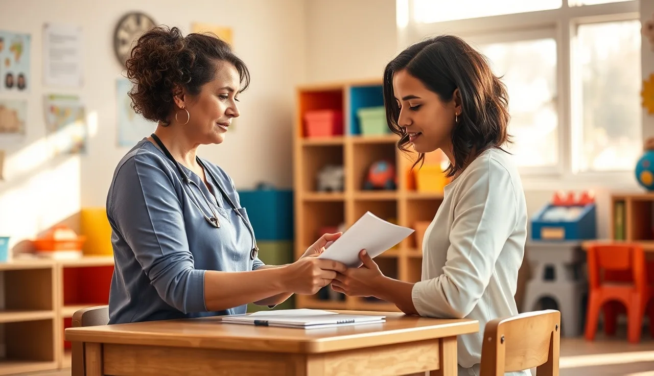 Childcare business operator reviewing compliance paperwork at a classroom desk