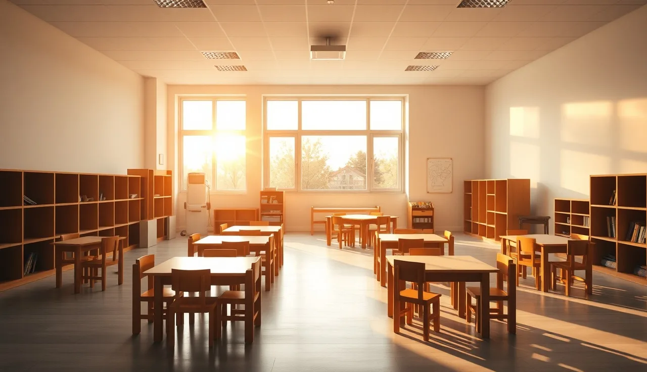 Empty childcare classroom with wooden furniture and warm sunlight through windows