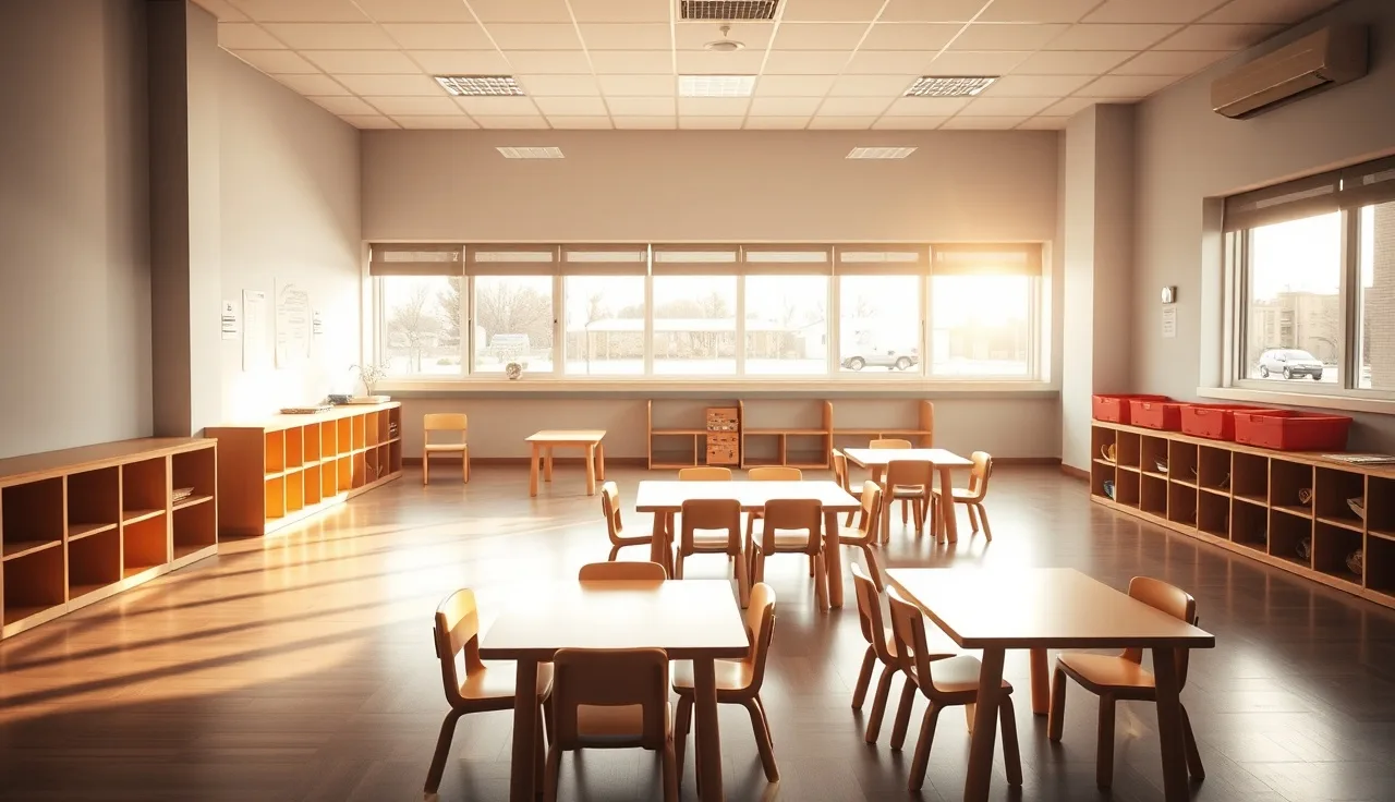 Empty daycare classroom with small chairs and cubbies, prepared for sale handover