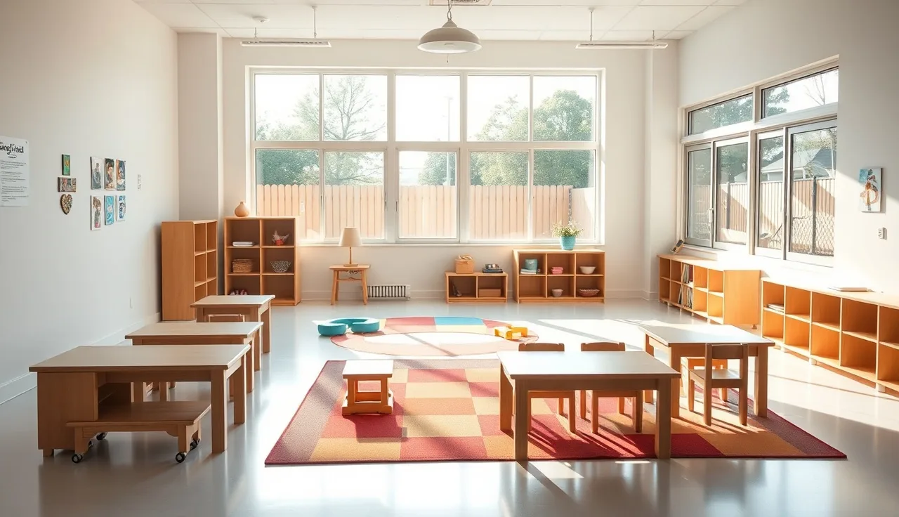 Empty childcare classroom with small tables and play mats ready for children