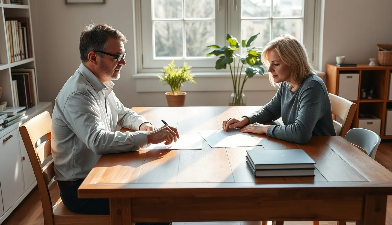 Two adults reviewing a daycare enrollment contract at a sunlit wooden desk