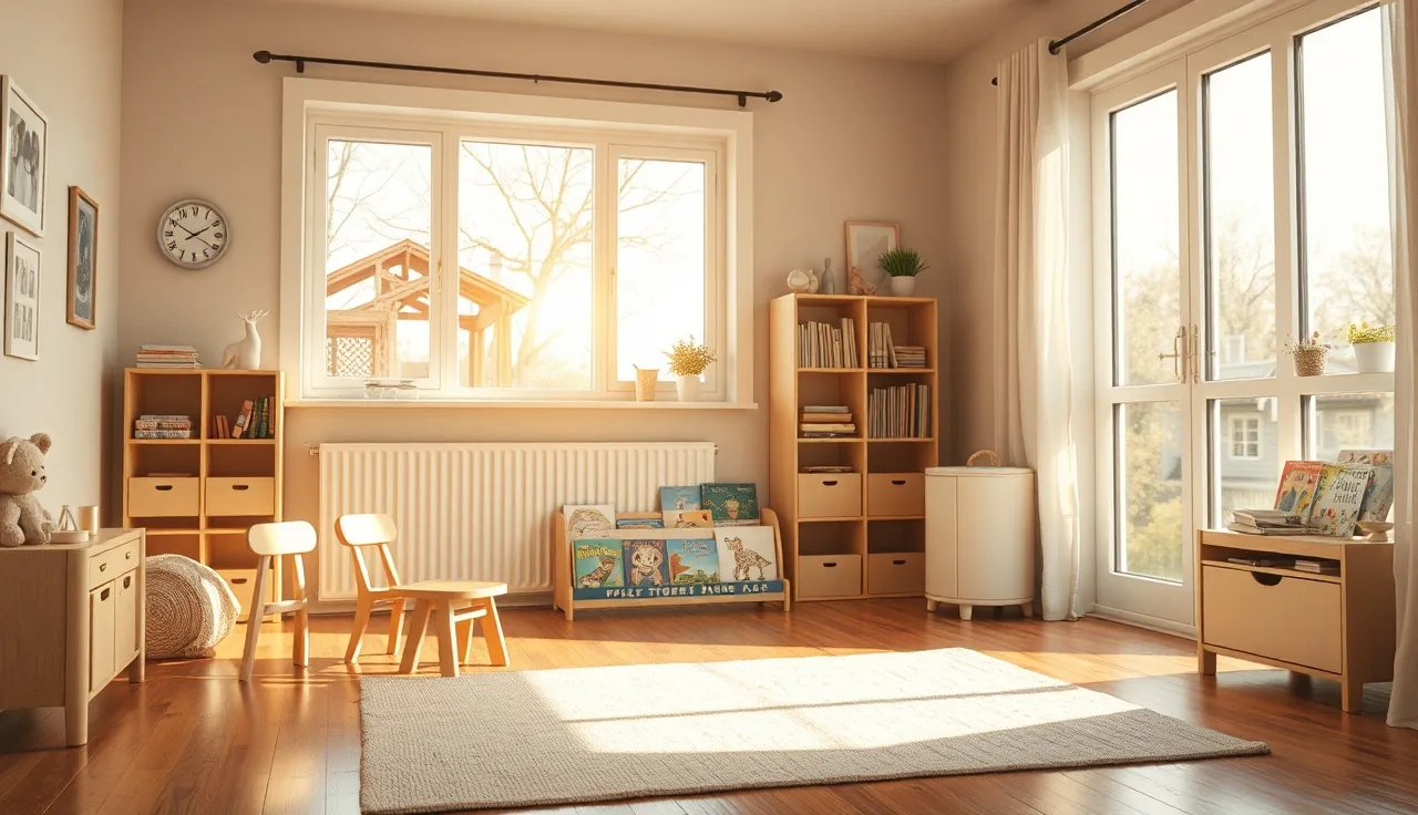 Sunlit home playroom prepared for licensed childcare with small chairs and low bookshelves