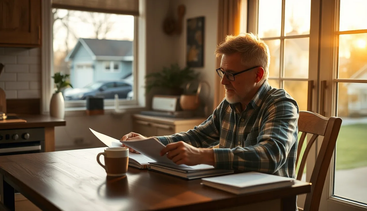 Daycare provider reviewing business license paperwork at kitchen table