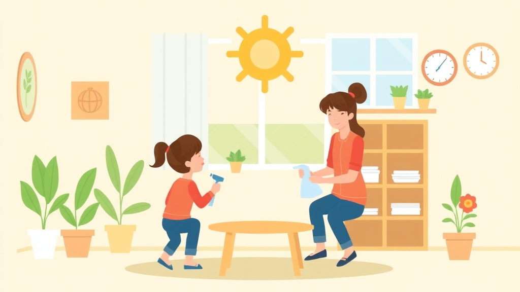 A professional illustration depicting green Cleaning Practices for Childcare Centers