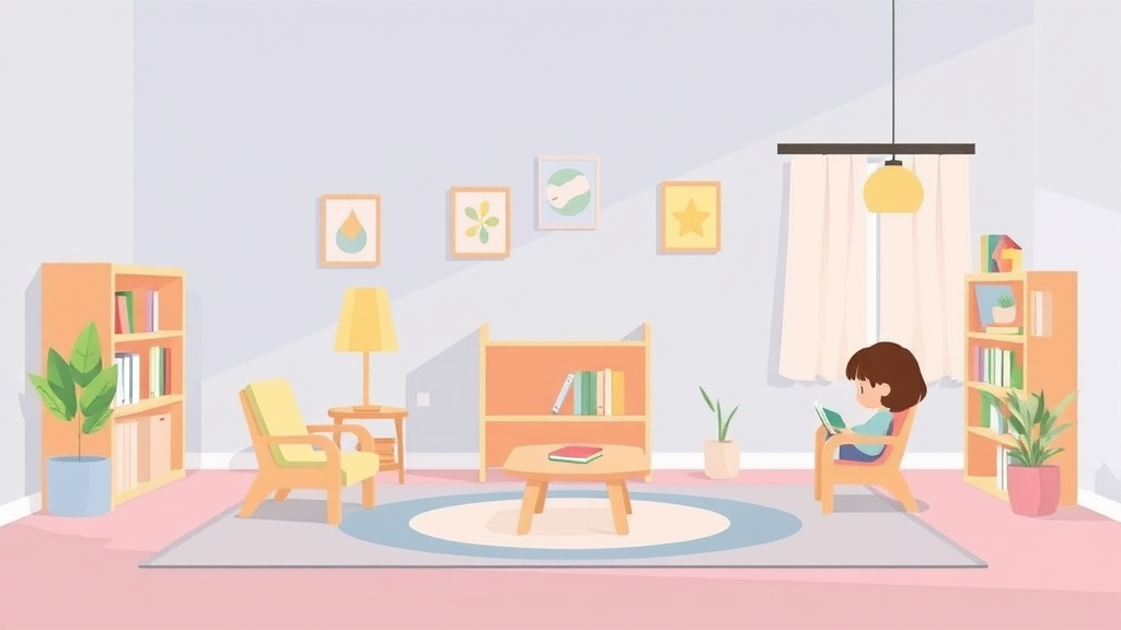 A professional illustration depicting reading and Quiet Area Setup for Childcare Centers