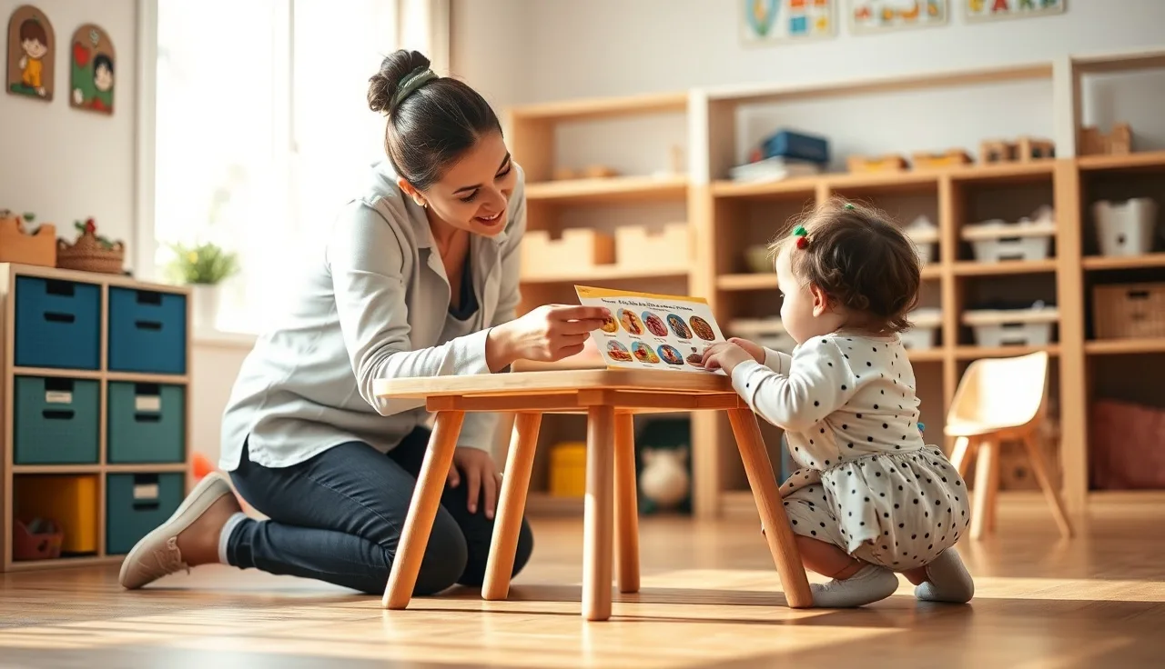 Childcare teacher reviewing allergy information card with a toddler at a classroom table