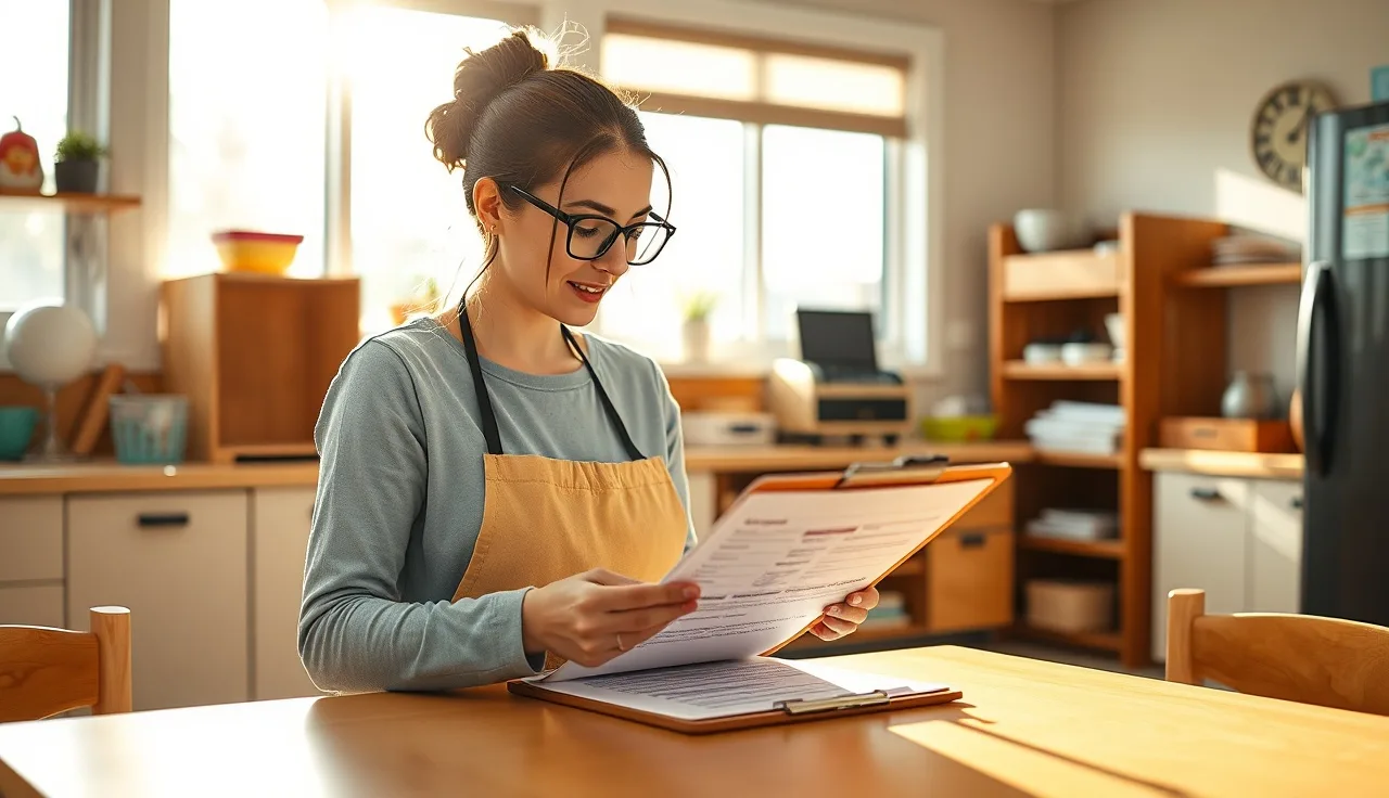 Childcare provider reviewing a child's allergy health documentation in a daycare classroom