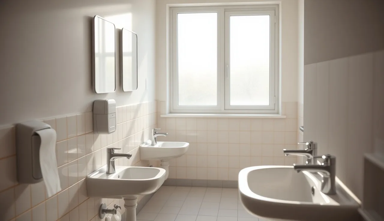 Child-height sinks in a clean daycare center bathroom with natural light