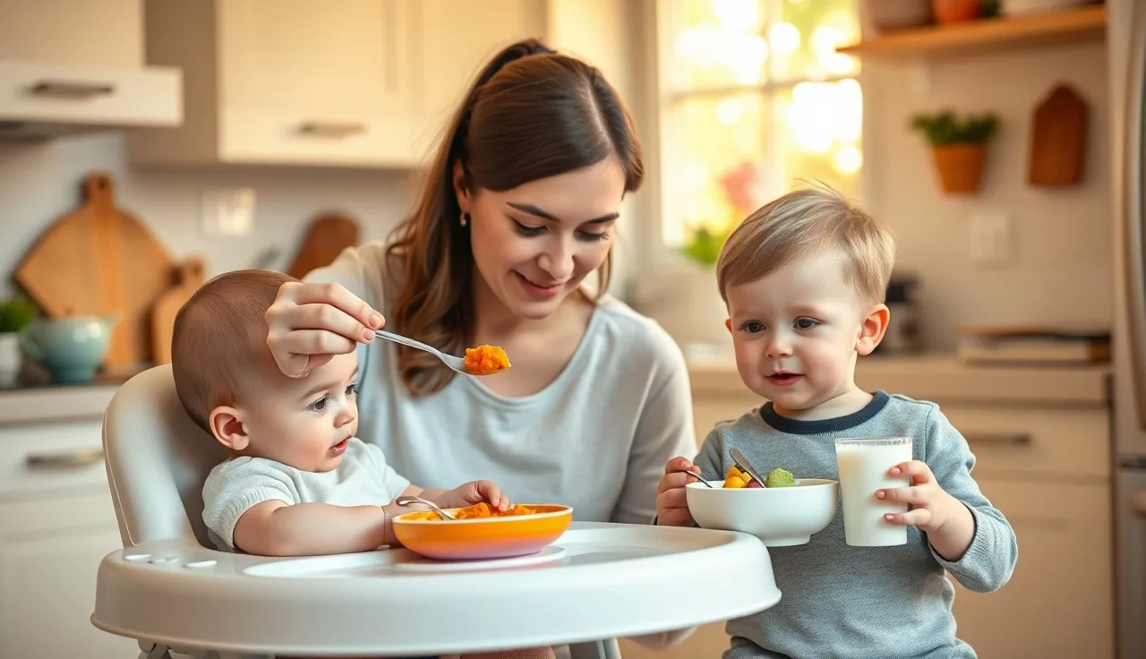 Caregiver feeding pureed food to infant while toddler eats beside them