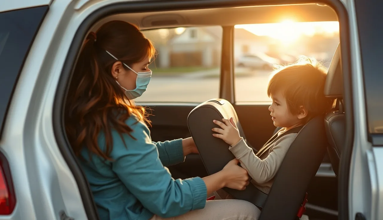 Childcare worker buckling toddler into rear-facing car seat in daycare van