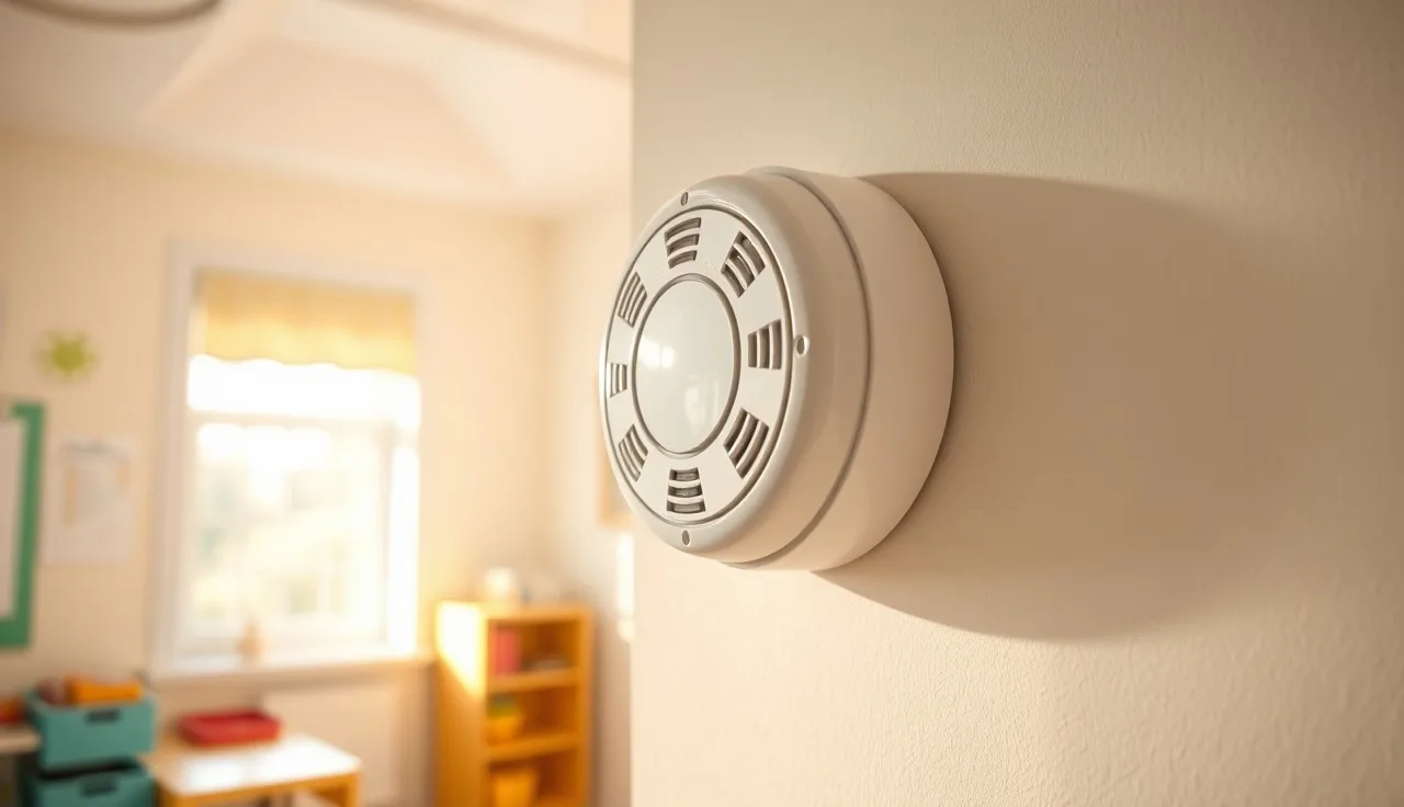 Carbon monoxide detector mounted on daycare classroom wall at child height