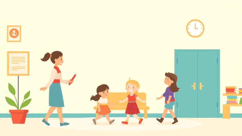 A professional illustration depicting arrival and Dismissal Safety Procedures for Childcare