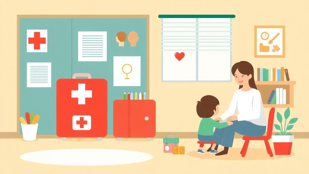 Educational graphic covering the essentials of first Aid Kit Requirements for Childcare Centers