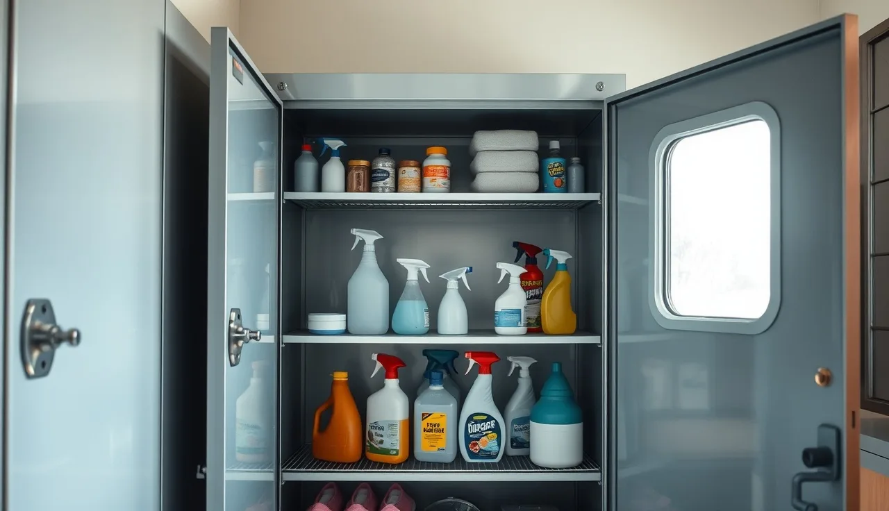 Open locked cabinet holding cleaning supplies in a licensed daycare utility room