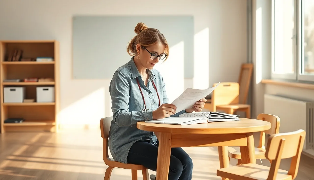 Daycare provider reviewing contract paperwork at a small classroom table